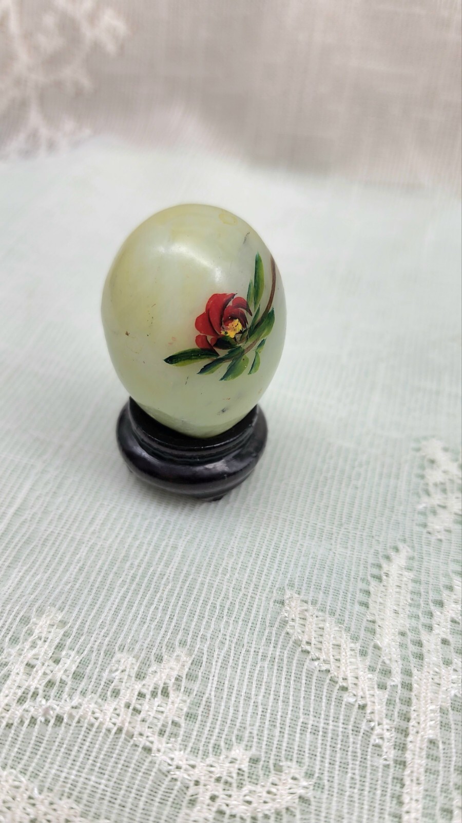 Green Jade Nephrite Hand Painted Quail Egg W/Stand 1.25″