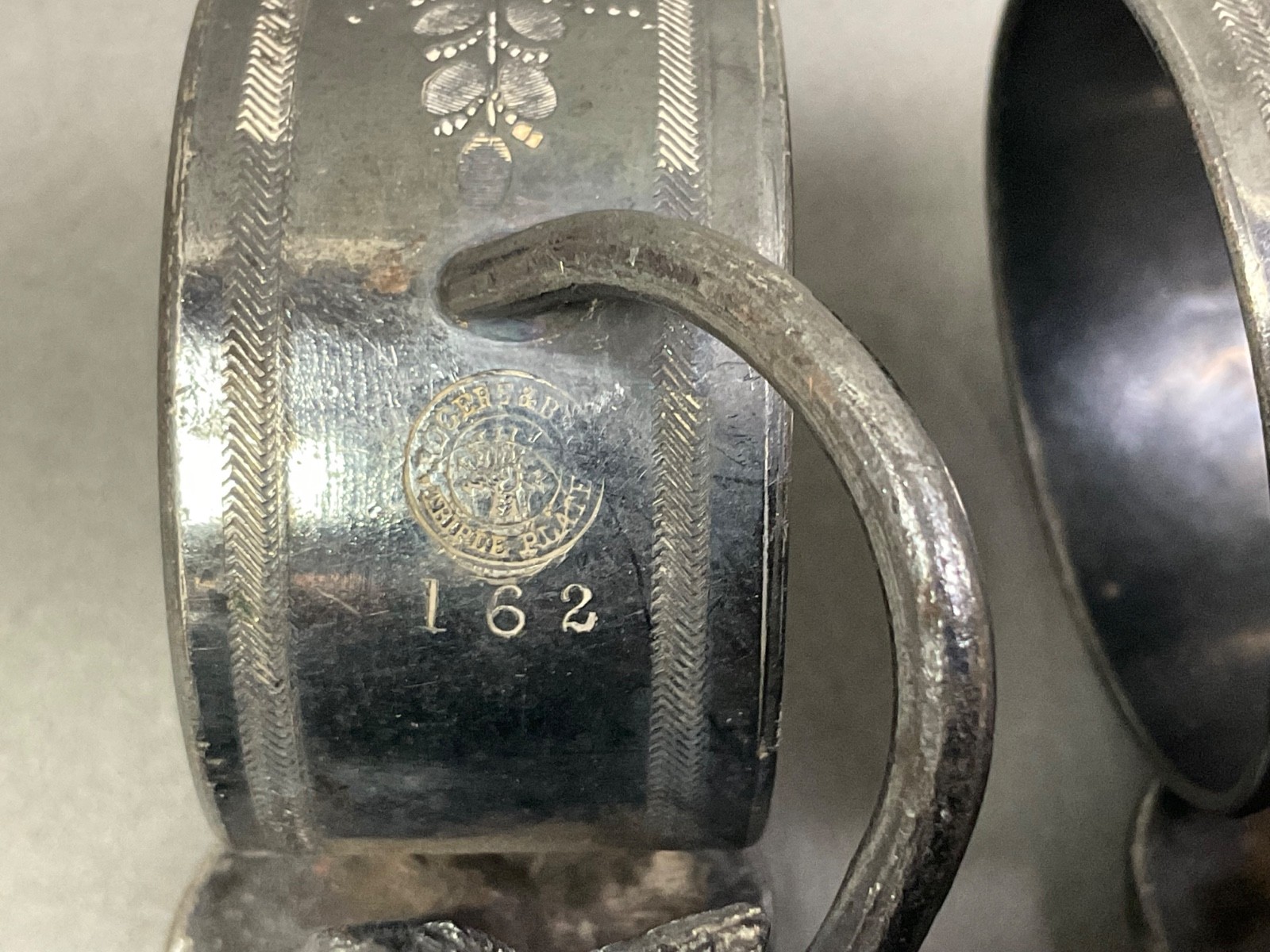 Pair ANTIQUE NAPKIN RING HOLDERS Figural Flower Silver Plated Monogrammed
