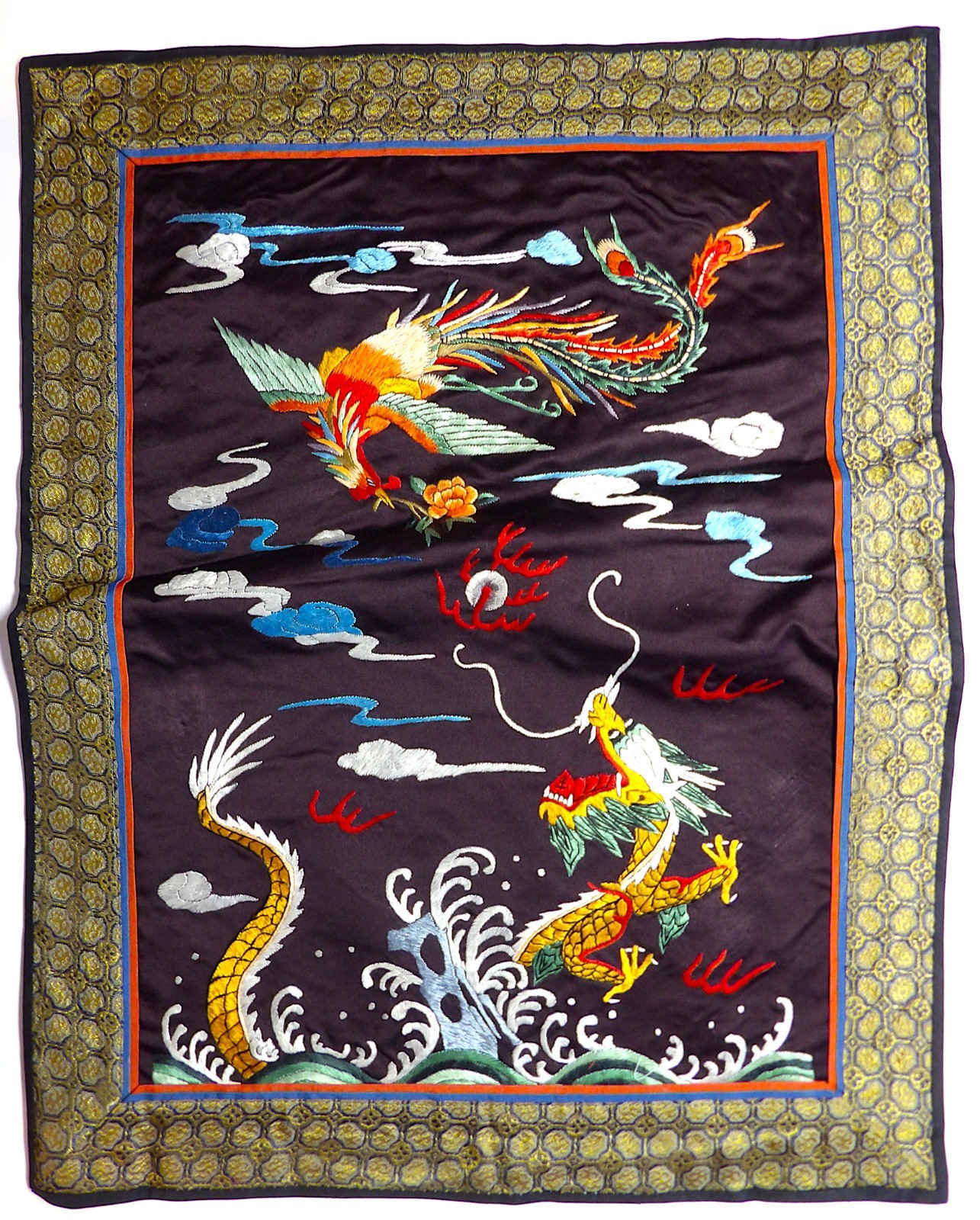 VINTAGE CHINESE SILK EMBROIDERED PANEL 15X19″ DRAGON AND ROOSTER