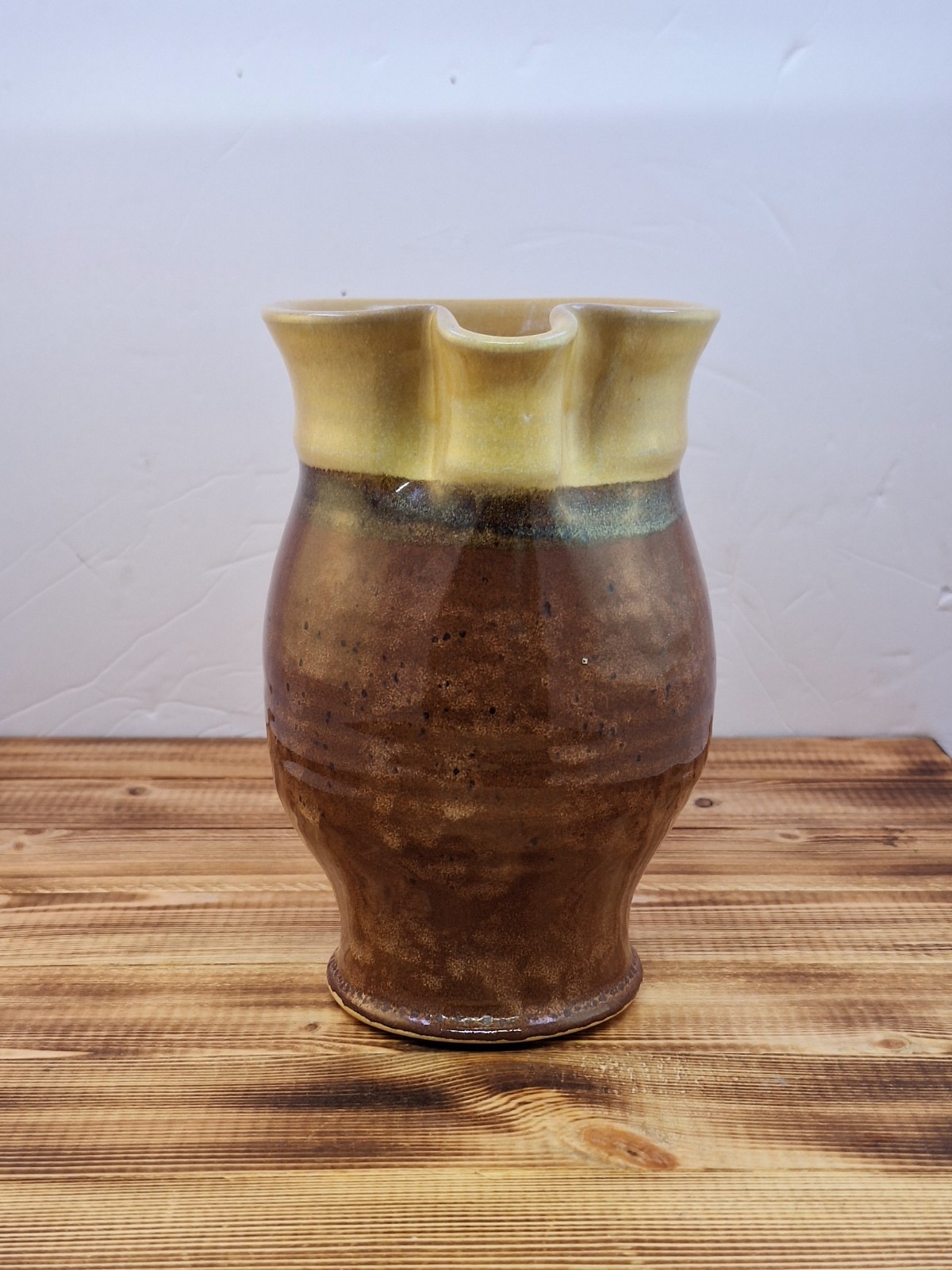 Studio Stoneware Pitcher, Two Tone Tan Brown Dip Glaze Pottery Jug 7”x4″ Signed