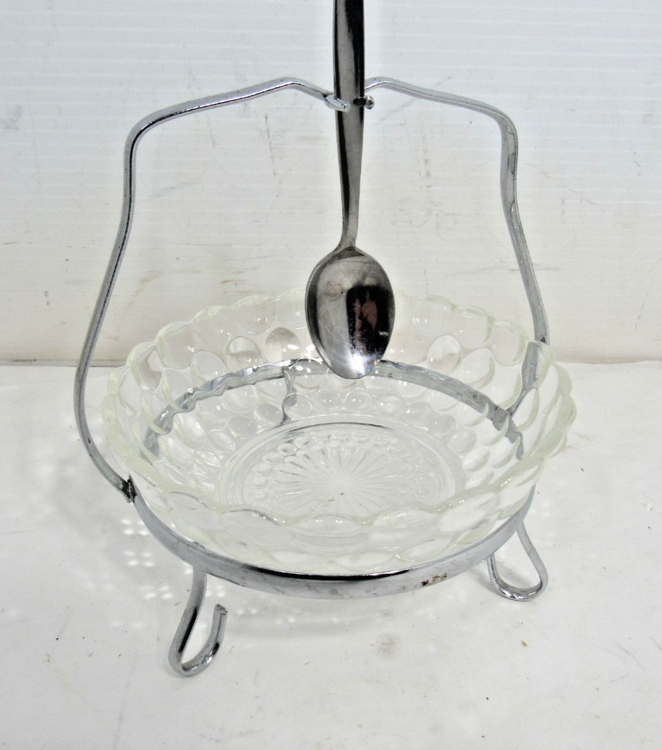 Chrome Plated and Glass Compote Bowl with Spoon Cresmark Japan