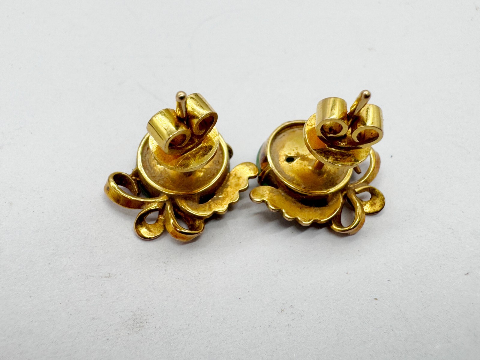 ANTIQUE SOLID 14ct GOLD 14K CHINESE JADE DISC LADIES EARRINGS