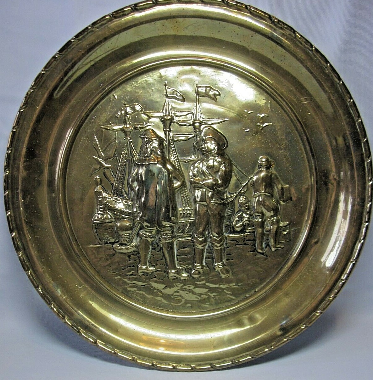 Brass Wall Plaque Dutch 15th Century Naval Scene? Vintage 40cm 16″ Dia. c1930s