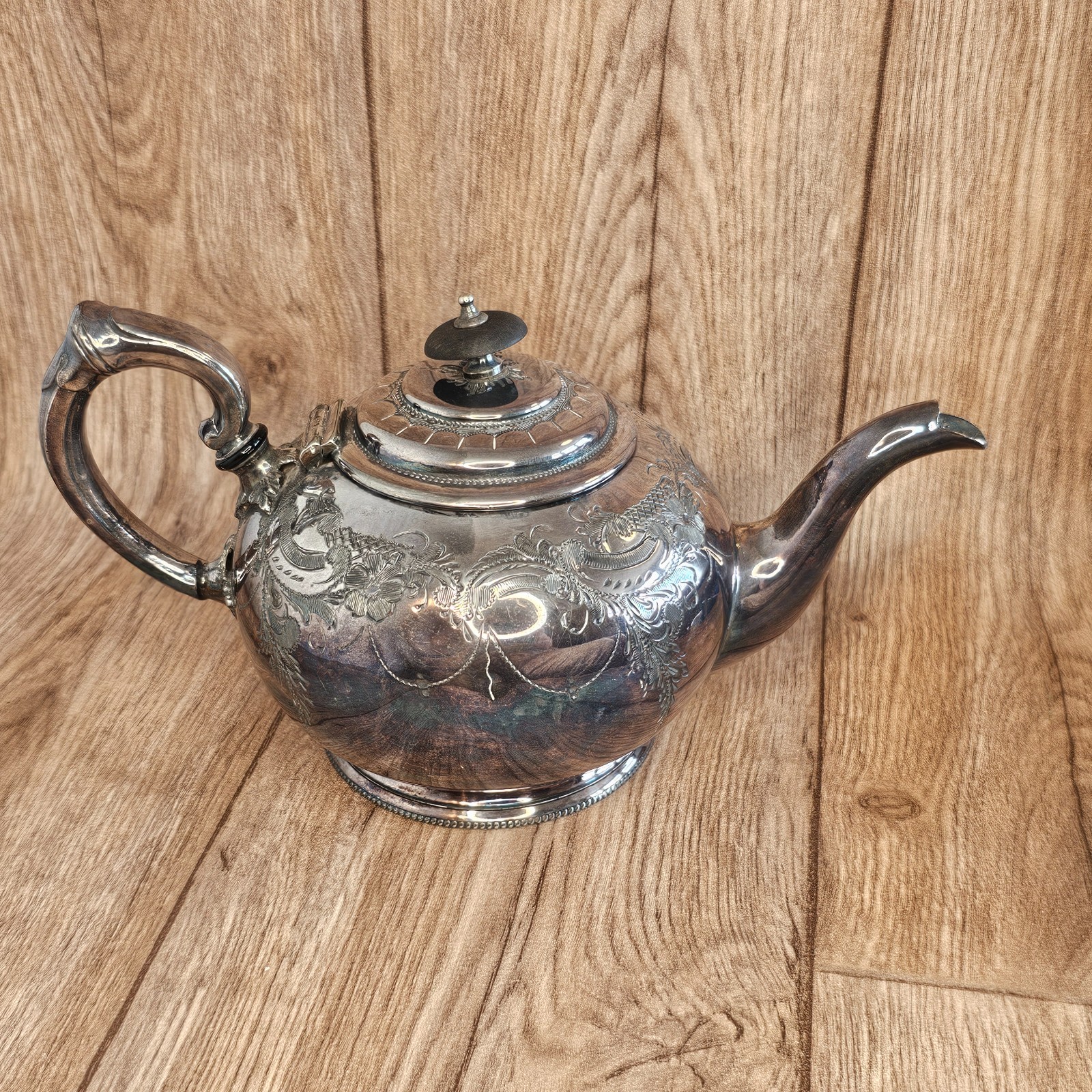 Victorian EPBM Silver Plate Teapot Engraved Floral Charles Henry Harmsworth 26cm