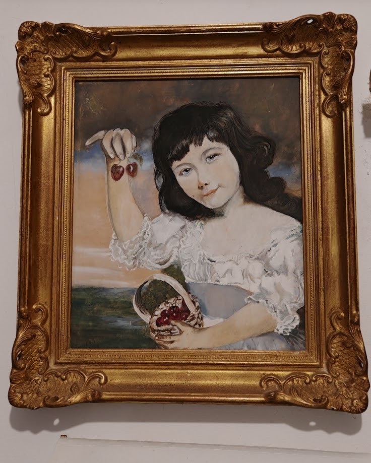 Painting Of An Old Watercolor “The Young Girl With Cherries” Signed Josephine