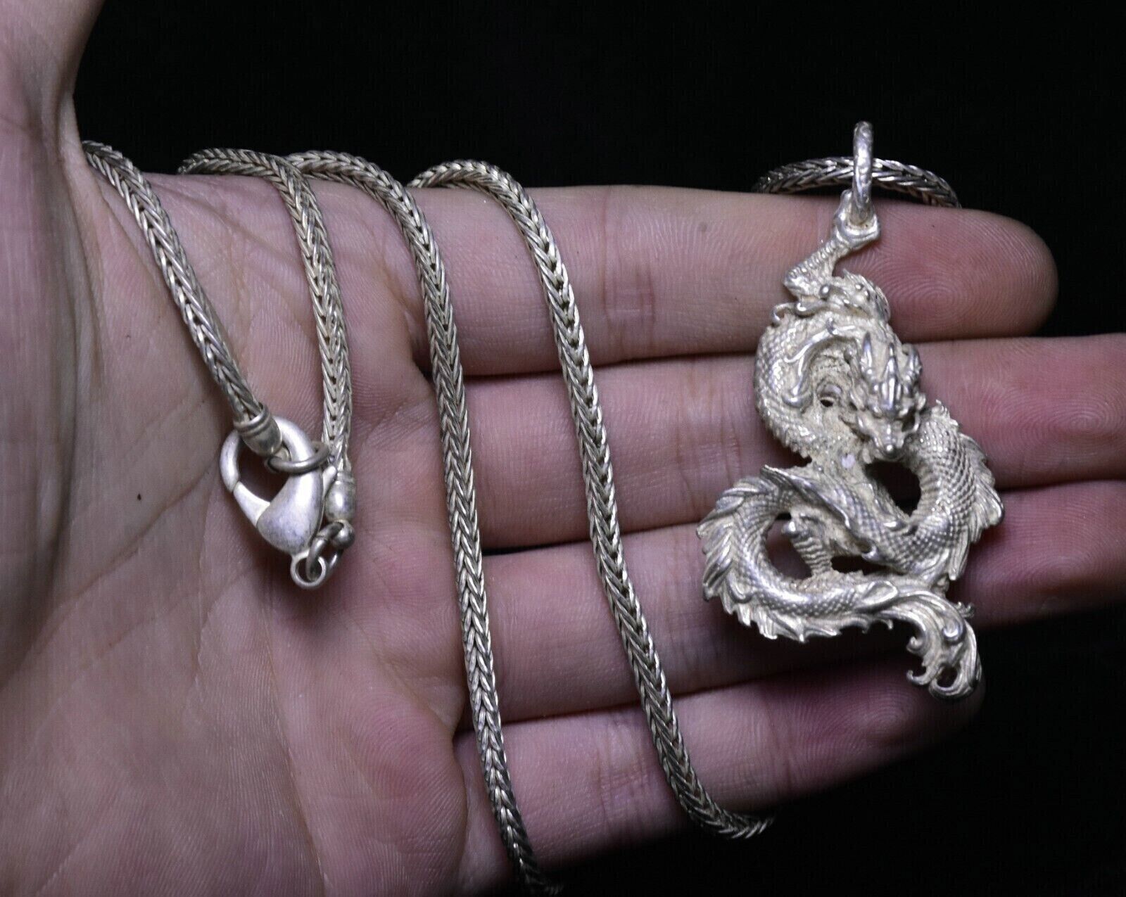 5.5CM Alte chinesische Silber Fengshui 12 Zodiac Dragon Loong Tier Amulett