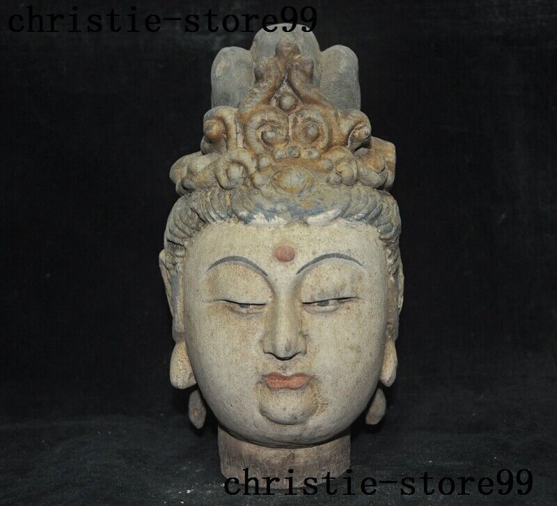 8″China Buddhism temple Old wood Hand-carved Kwan-Yin Guanyin Buddha head statue