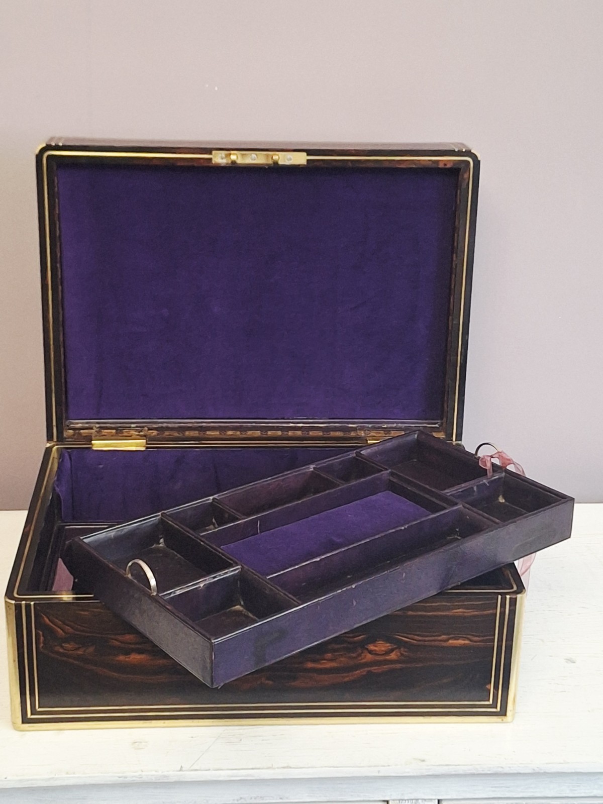 coromandel & Brass Bound Dressing /trinkets/jewellery Box, 1870’s With Key