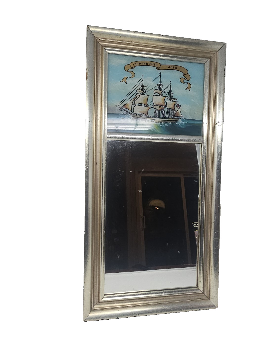 Vintage Trumeau Mirror Reverse Painted Glass Clipper Ship Eglomise Design Boston