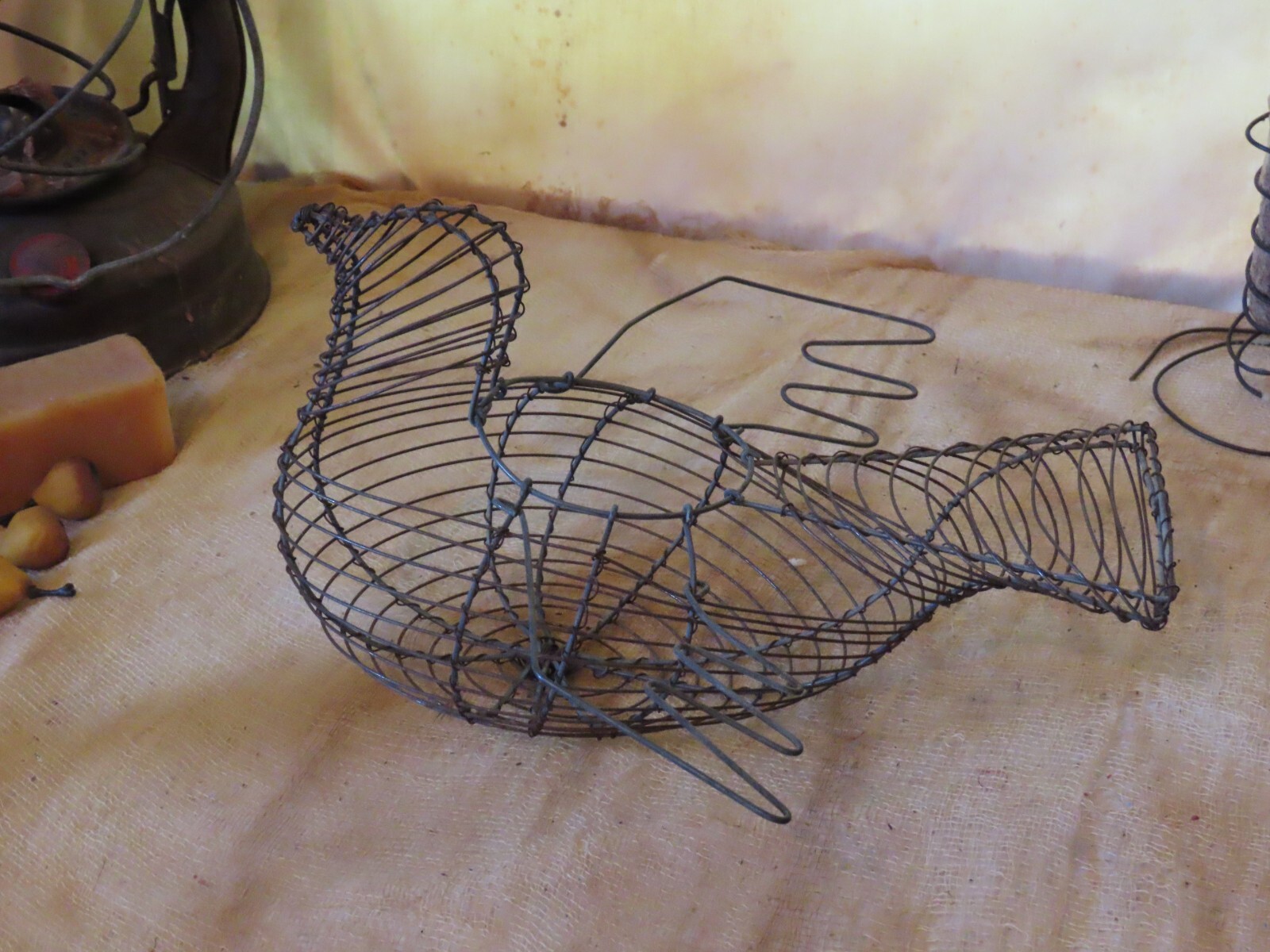 Vintage Hen Chicken Shaped Wire Mesh Egg Basket Wire Wings Farmhouse Decor