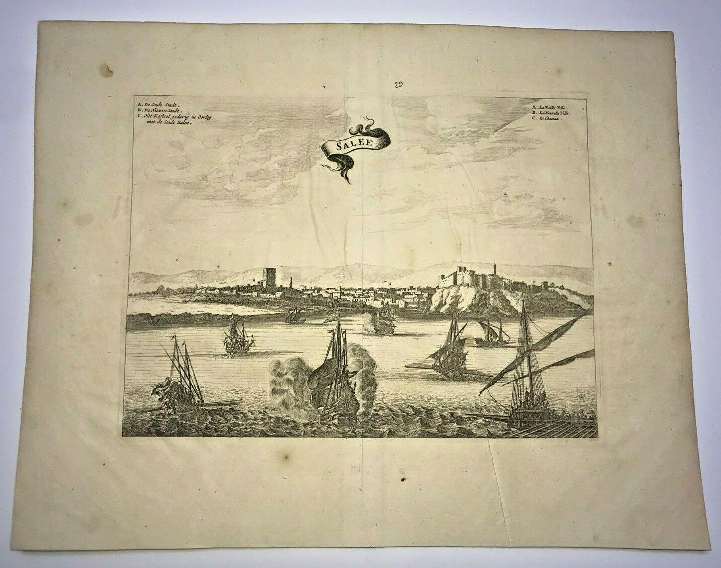 SALEE MOROCCO 1677 DAPPER LARGE UNUSUAL ANTIQUE ENGRAVED VIEW 17TH CENTURY