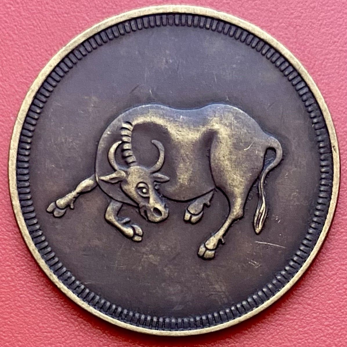 Chinese Gaming Token Coin, Obv Buffalo/Ox, Rev Five Plum Blossom.