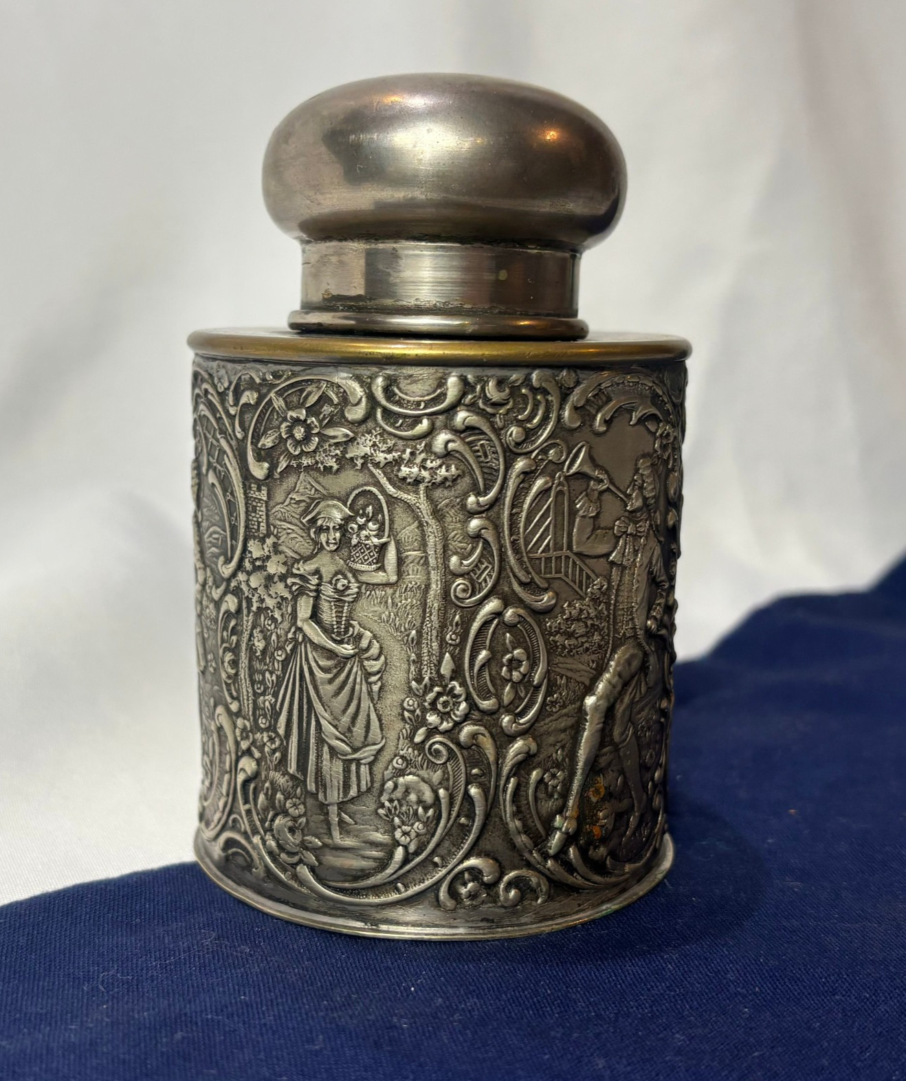 Antique Tea Caddy Repousse Victorian Courting Couples Lion Passant Marked