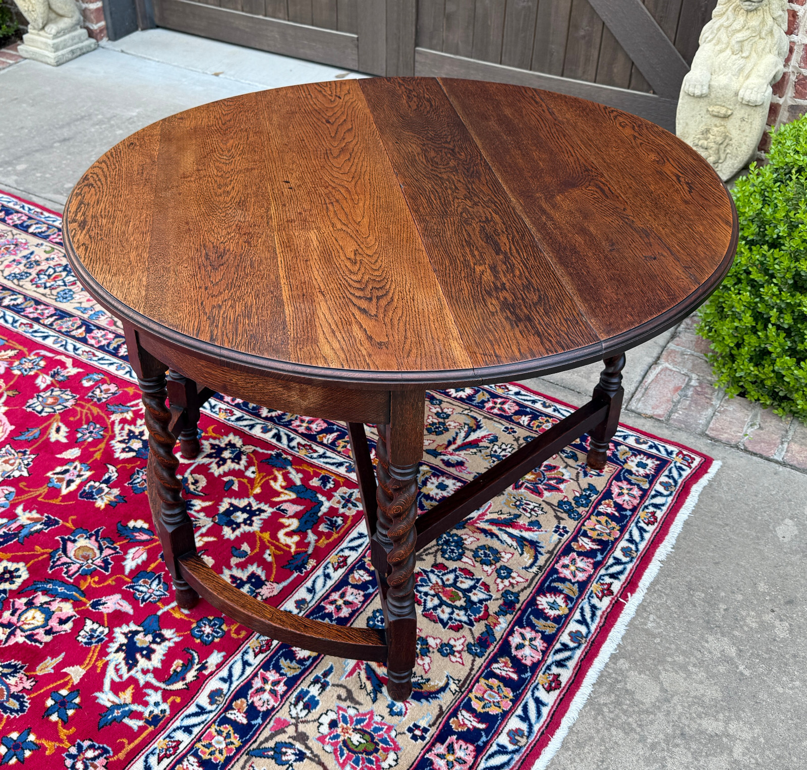 Antique English Demilune Table Drop Leaf Barley Twist w Drawer Oak ROUND 1920-30
