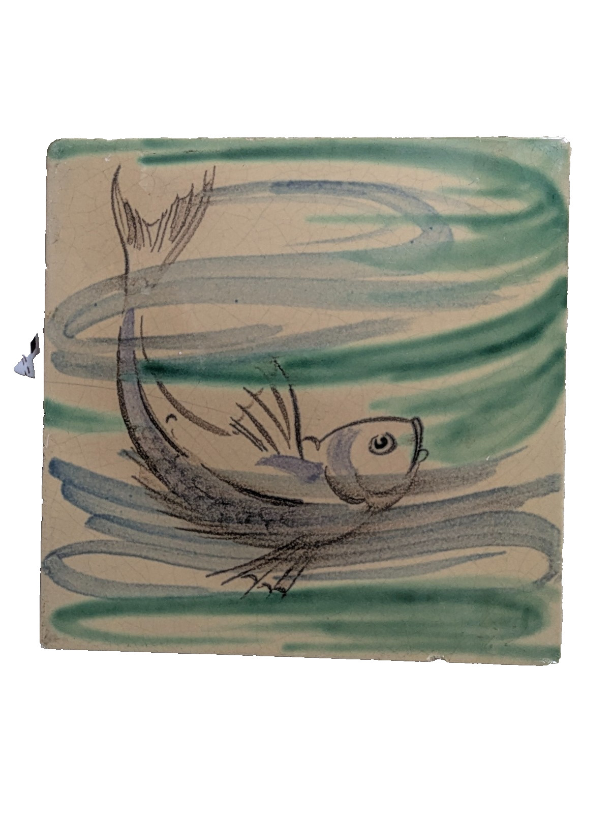 Carter Poole Ceramic Decorative Tile Stylised Fish in water Vintage circa 1950s