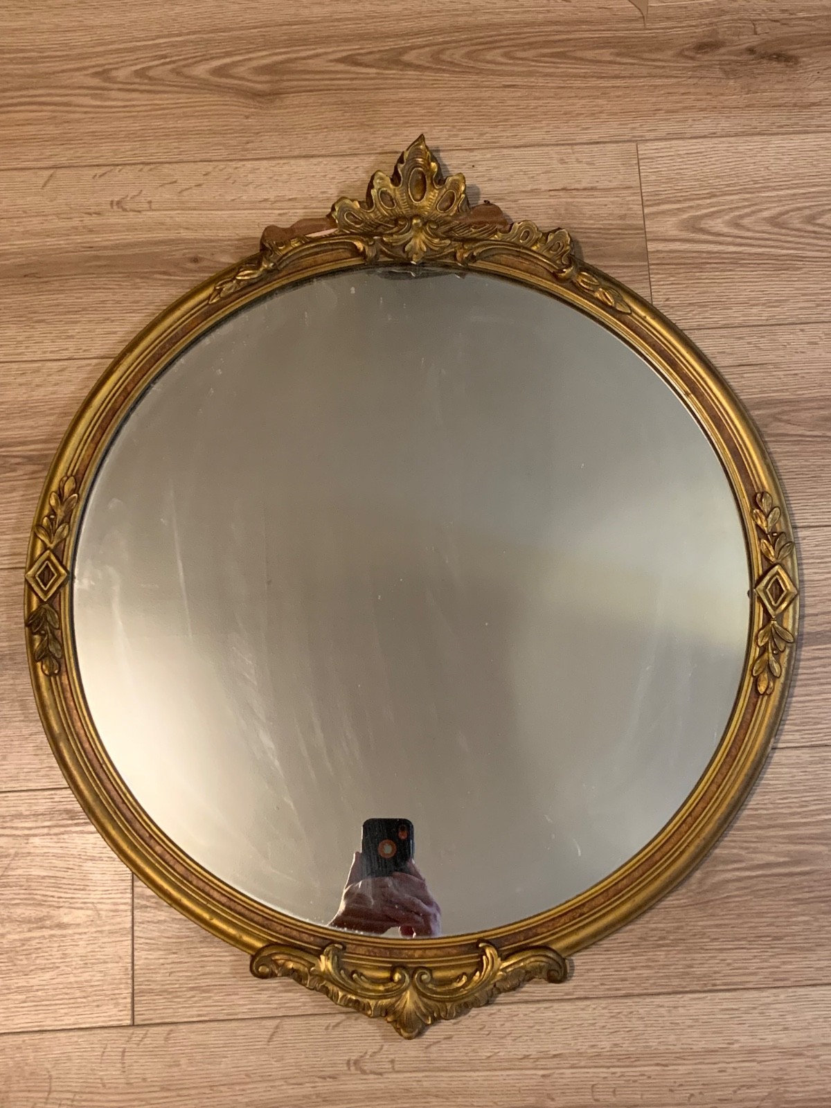 Early 20th C. Round Gilt Wood Wall Mirror Rococo Revival 27” Frame