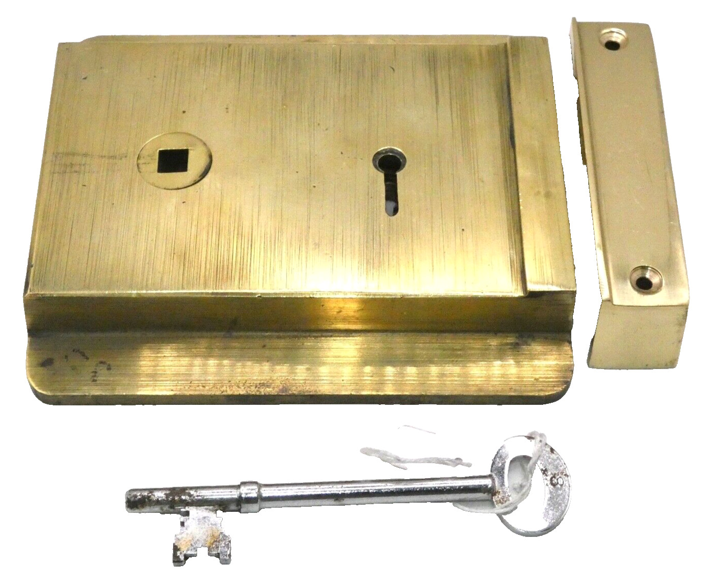 Old Antique heavy duty solid brass left hand rim lock with handcut key (RL155)