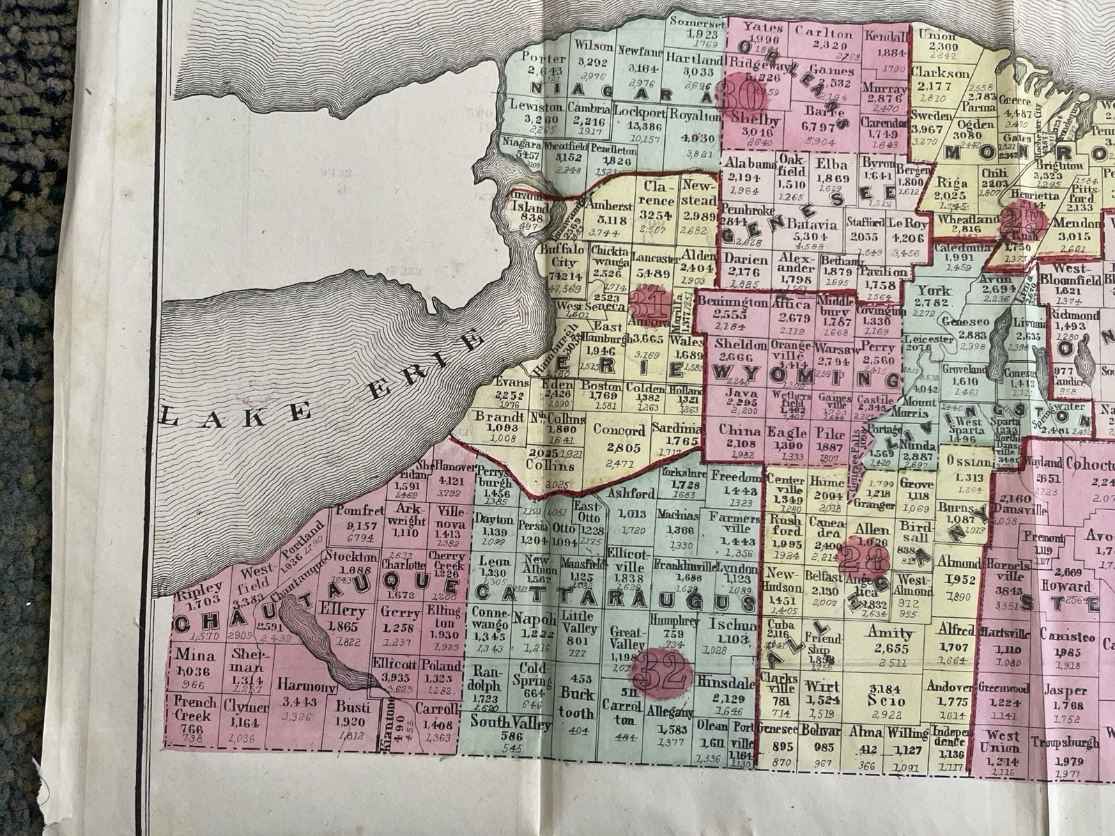Antique Census Map State of New York Hand Colored D.T. Valentine Lithograph