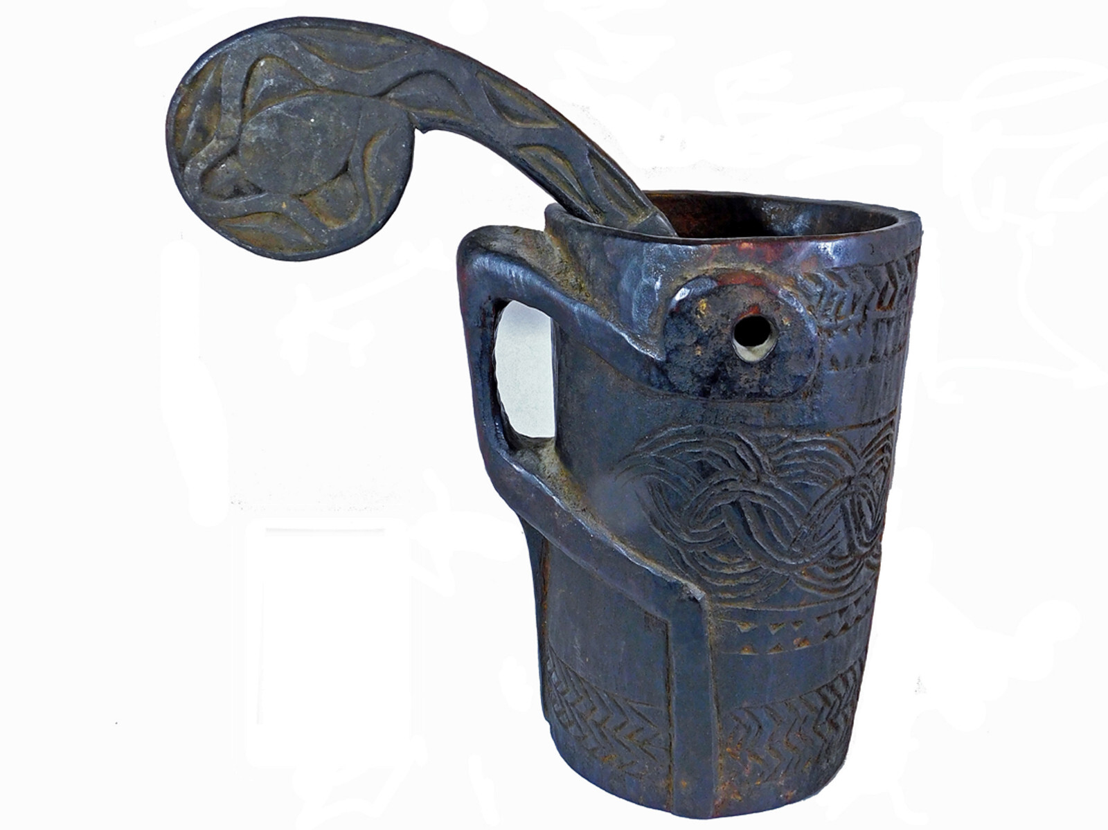 Antique Yak Milk Carved Wooden Bucket w/ Ladle Ethnic Tribal Nepal Smoky Scent