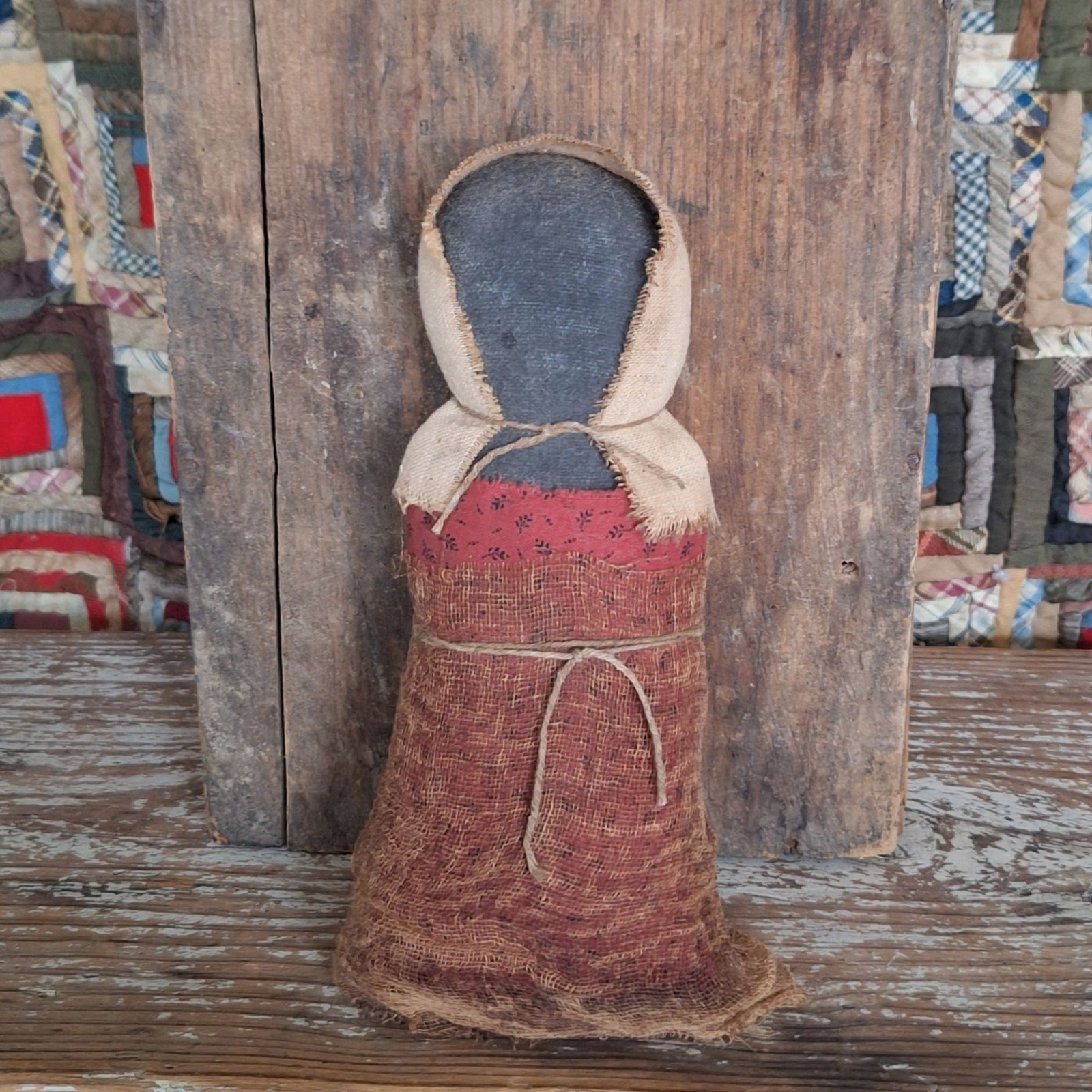 Primitive Black Prairie Doll in Dark Red Calico Dress (faceless) – ARTISAN MADE