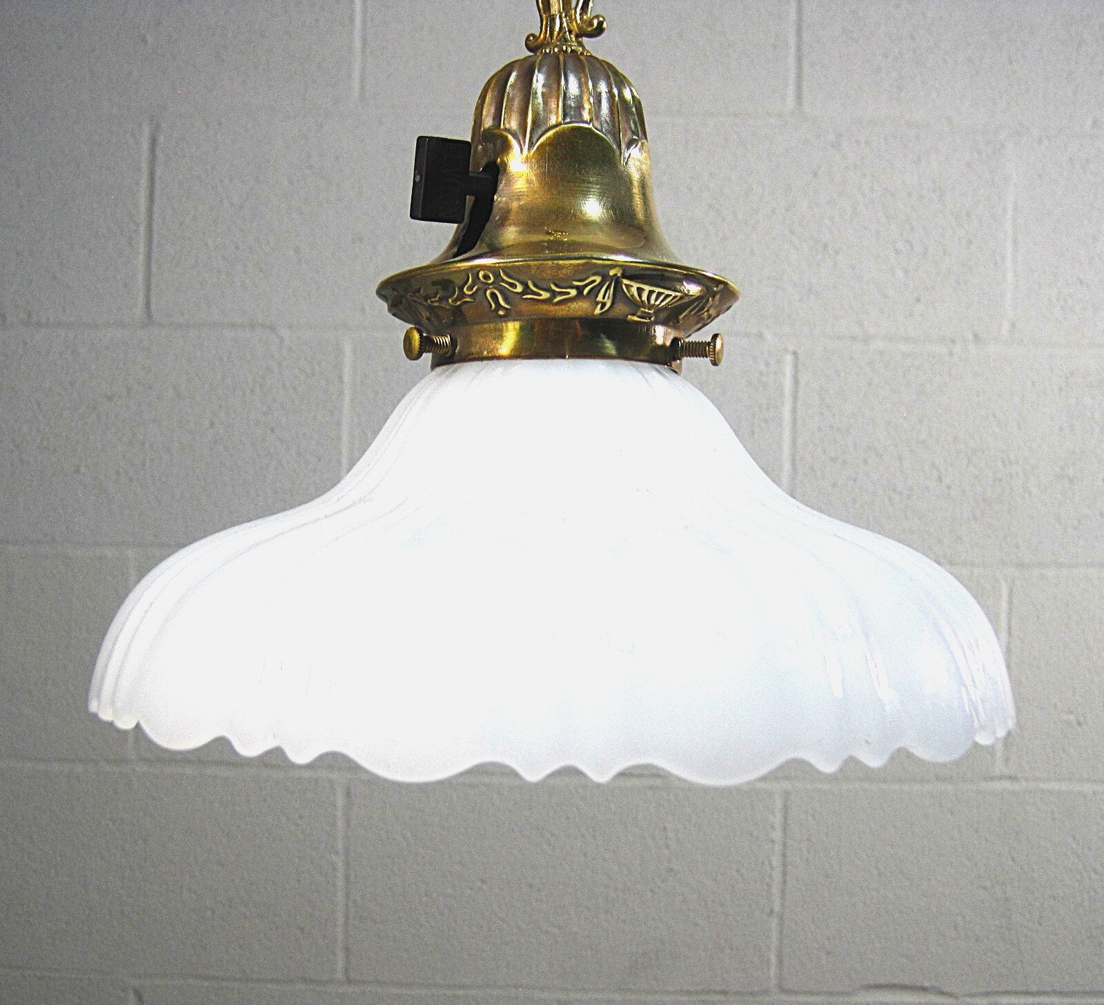 Pendant Light Fixture Opaque Glass Globe w Shell Design Antique Restored