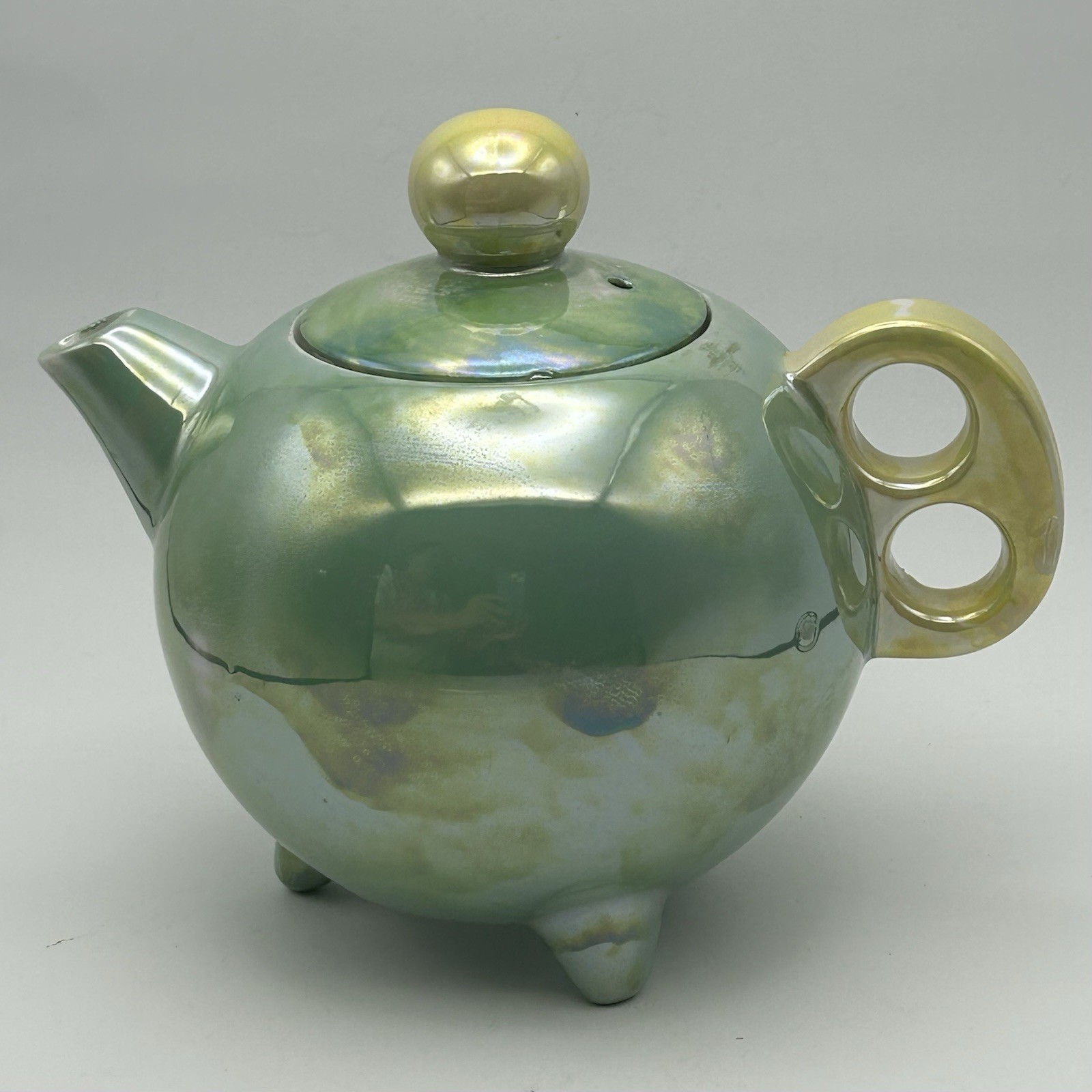 Vintage Japanese Lusterware Teapot R361 Iridescent Green with Yellow Handle