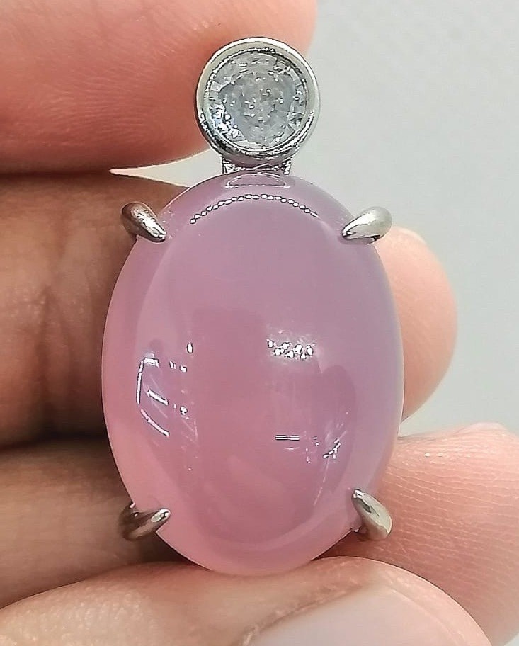 925 Sterling Silver Pink Chalcedony Cabochon Pendant Round CZ Accent Jewelry