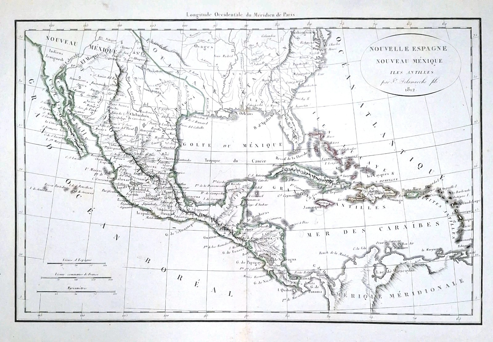 Original 1812 Delamarche “New Spain” Hand-colored, Copperplate Map