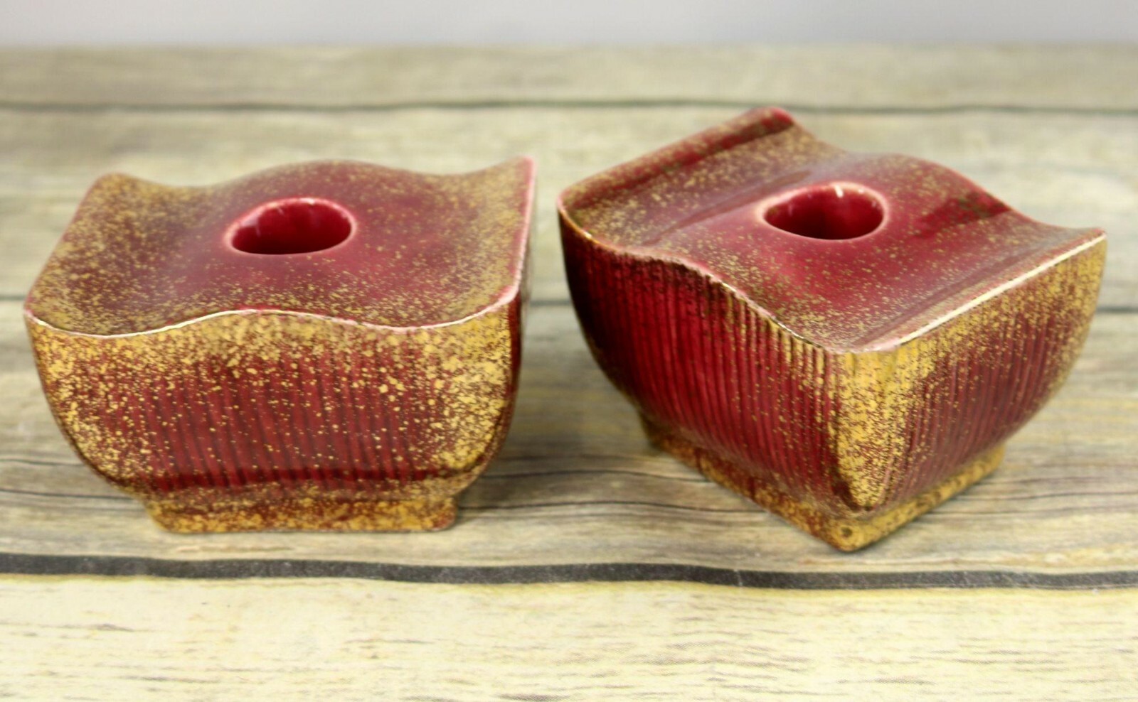 Art Deco Candle Holders Candlestick Mauve Gold Speckled Ceramic Vintage