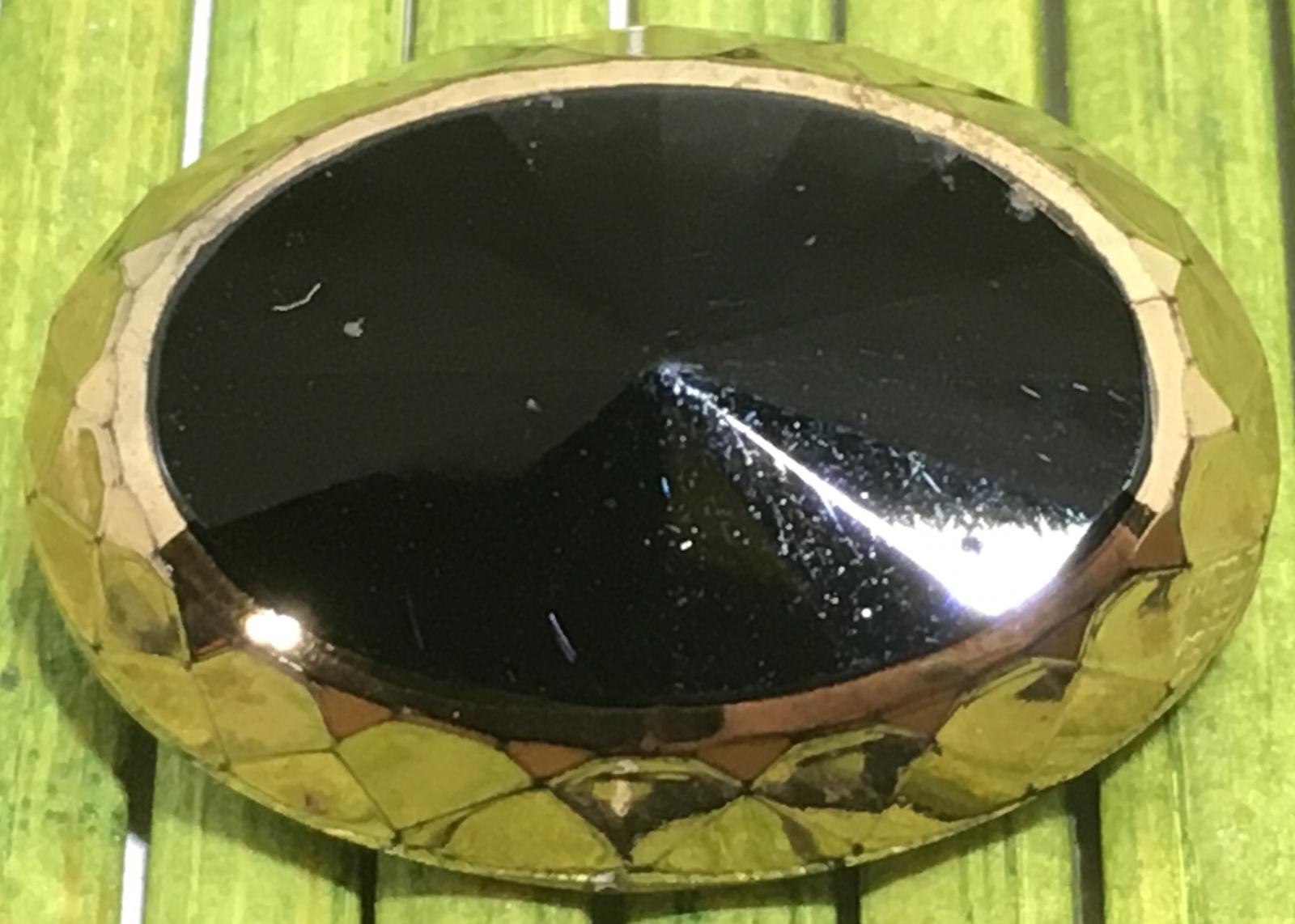 Antique Jet Black Glass Button Oval Gold Foil Edge Metal Birdcage Shank 1-1/8″