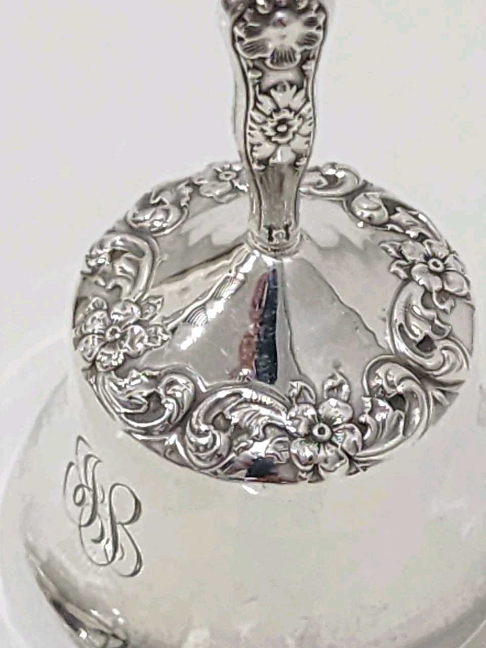 Antique Sterling Silver Table Bell Rococo Floral Handle German #230