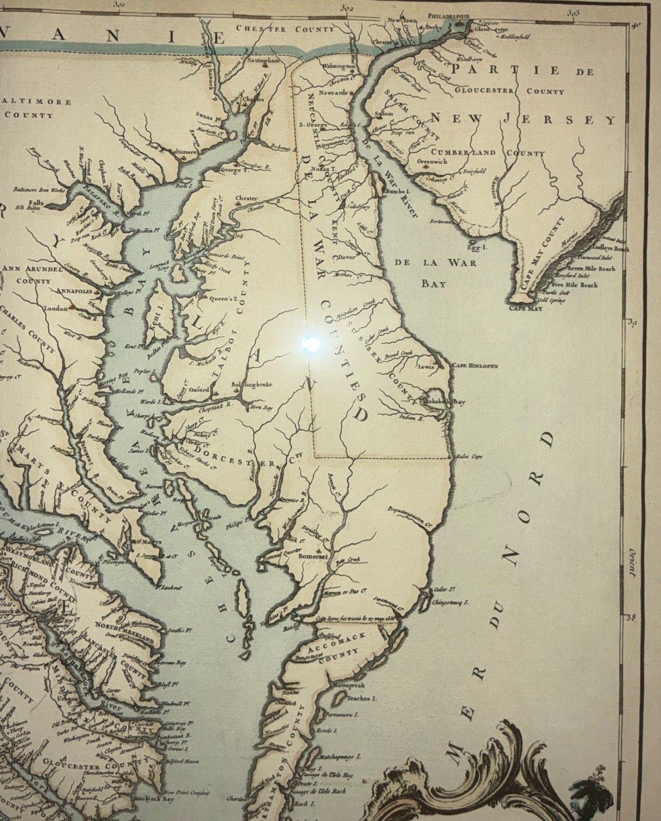 Antique 1755 Framed/Matted VAUGONDY MAP Chesapeake Virginia Maryland Delaware