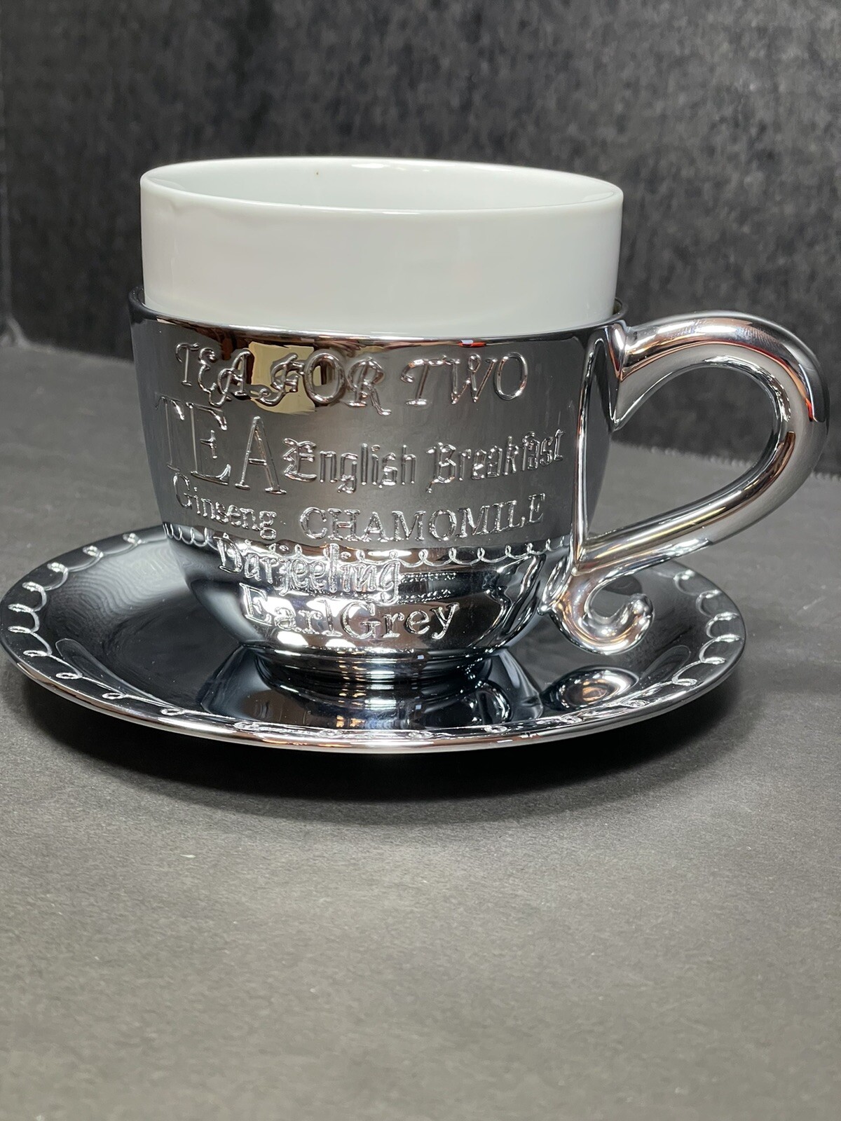 Godinger Silver Plate Metal Sleeve & Saucer W/ Removable Porcelain Tea Cup