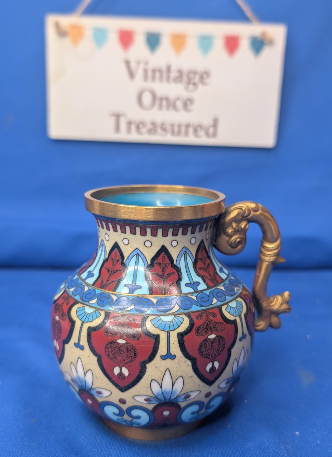 Chinese Cloisonné Bronze Ewer Vase Qing Style Enamel Floral 10.5cm Antique