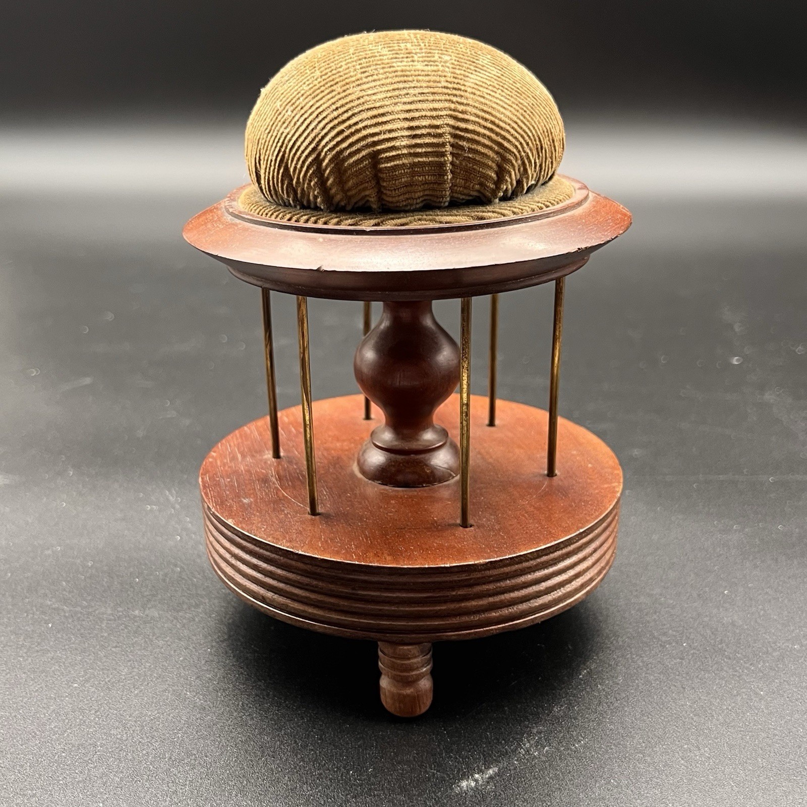 Antique Victorian Spool Thread Caddy With Corduroy Pin Cushion