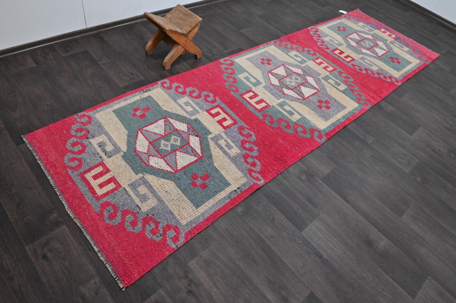 Vintage Turkish Runner Rug 3x11ft Wool Anatolian Handmade Hallway Oushak PINK