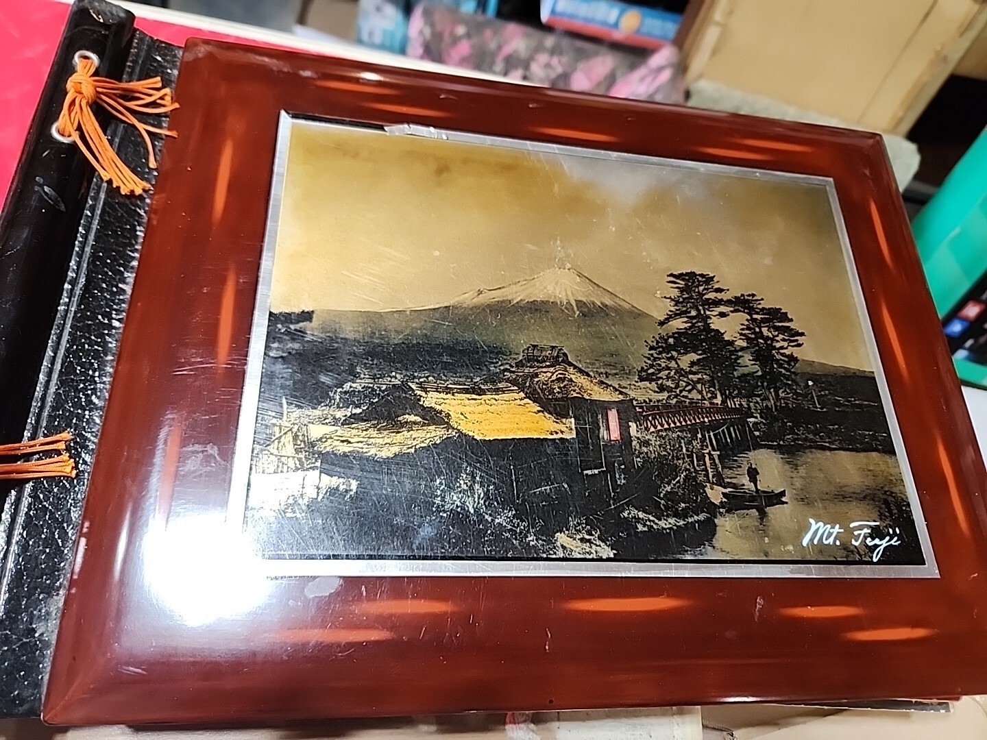VTG ASIAN JAPANESE CELLULOID PAINTED MT FUJI PHOTO SCRAP MEMORY BOOK ANTIQUE