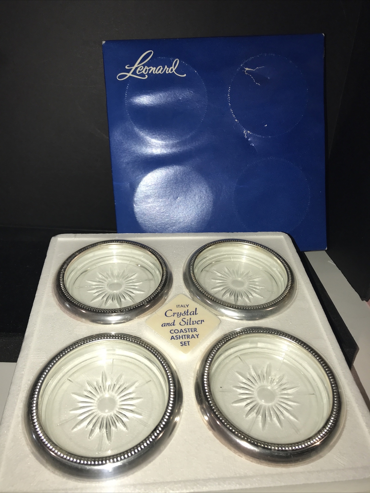 RARE NEW Vintage Crystal And Silver Coaster Ashtray Leonard Italy Set of 4 BOXED