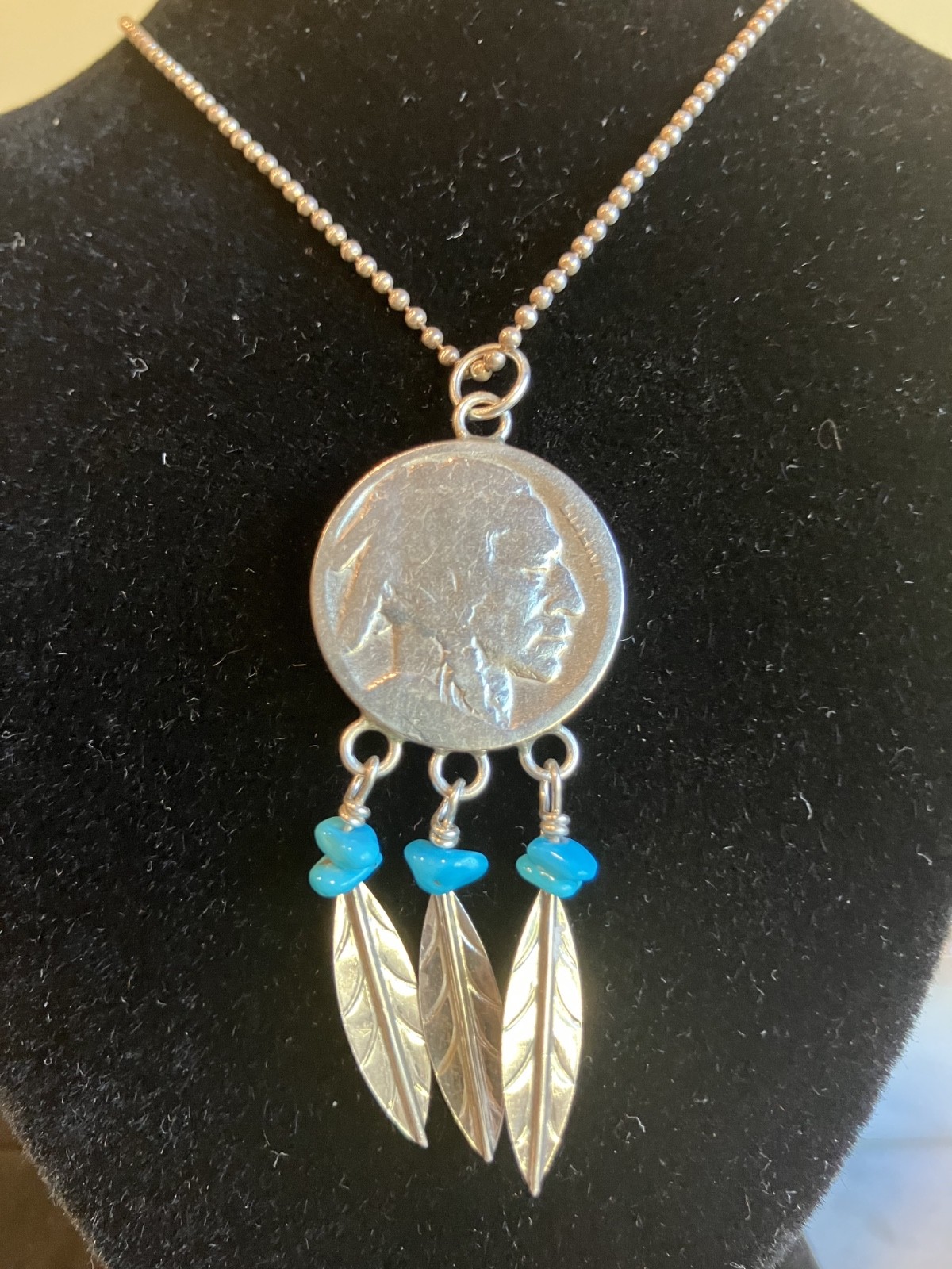 VINTAGE STERLING SILVER CHAIN BUFFALO NICKEL NECKLACE TURQUOISE NUGGET DANGLES