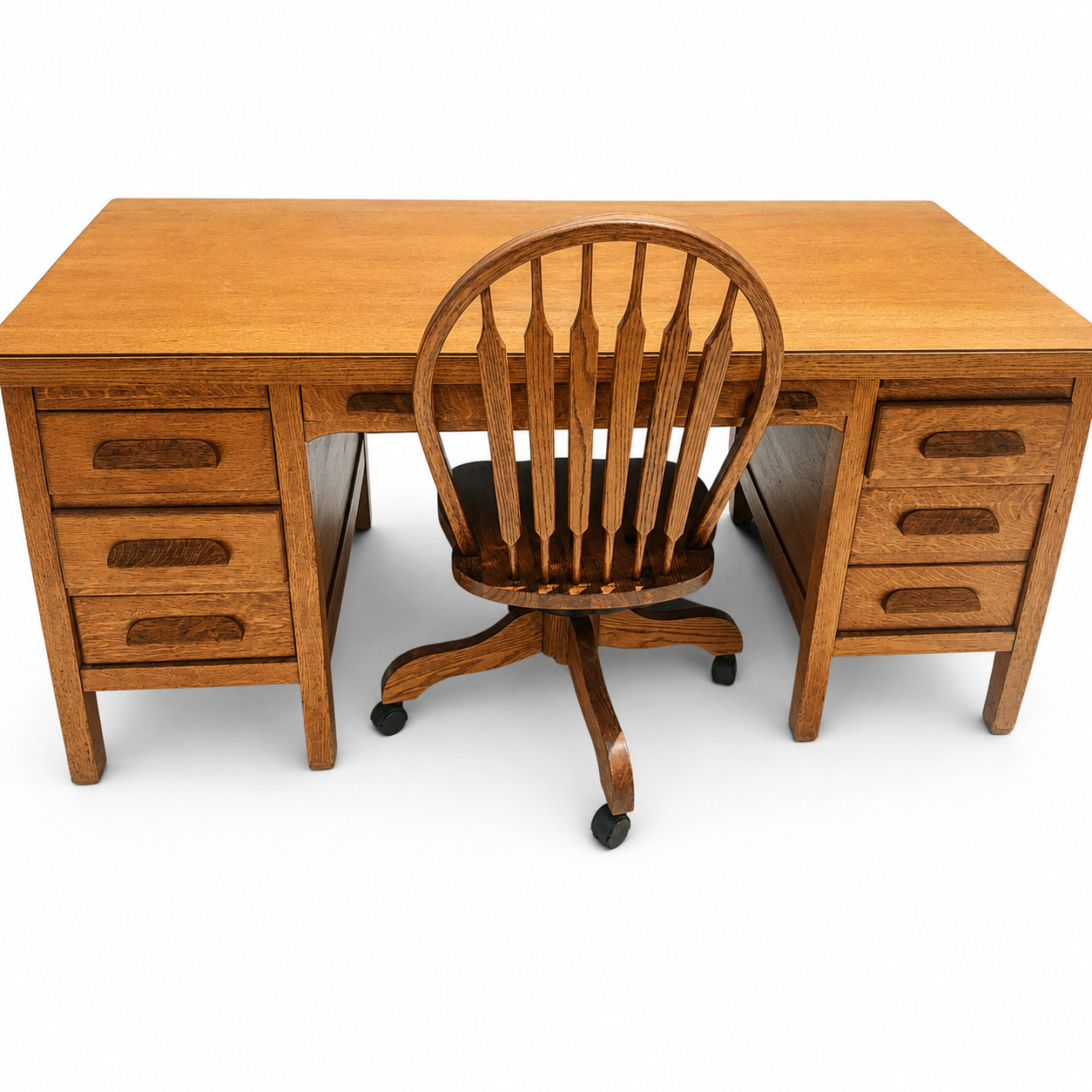 Antique 1920s Oak Executive Desk with Matching Swivel Chair – Glass Top
