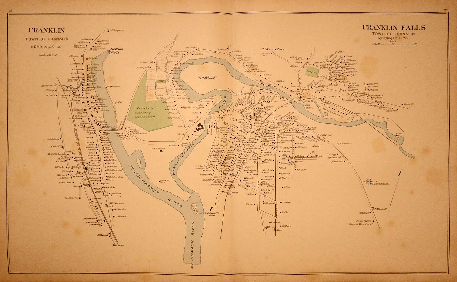 1892 Plat Map ~ Franklin & Franklin Falls, New Hampshire (17.5″x28″)-#164