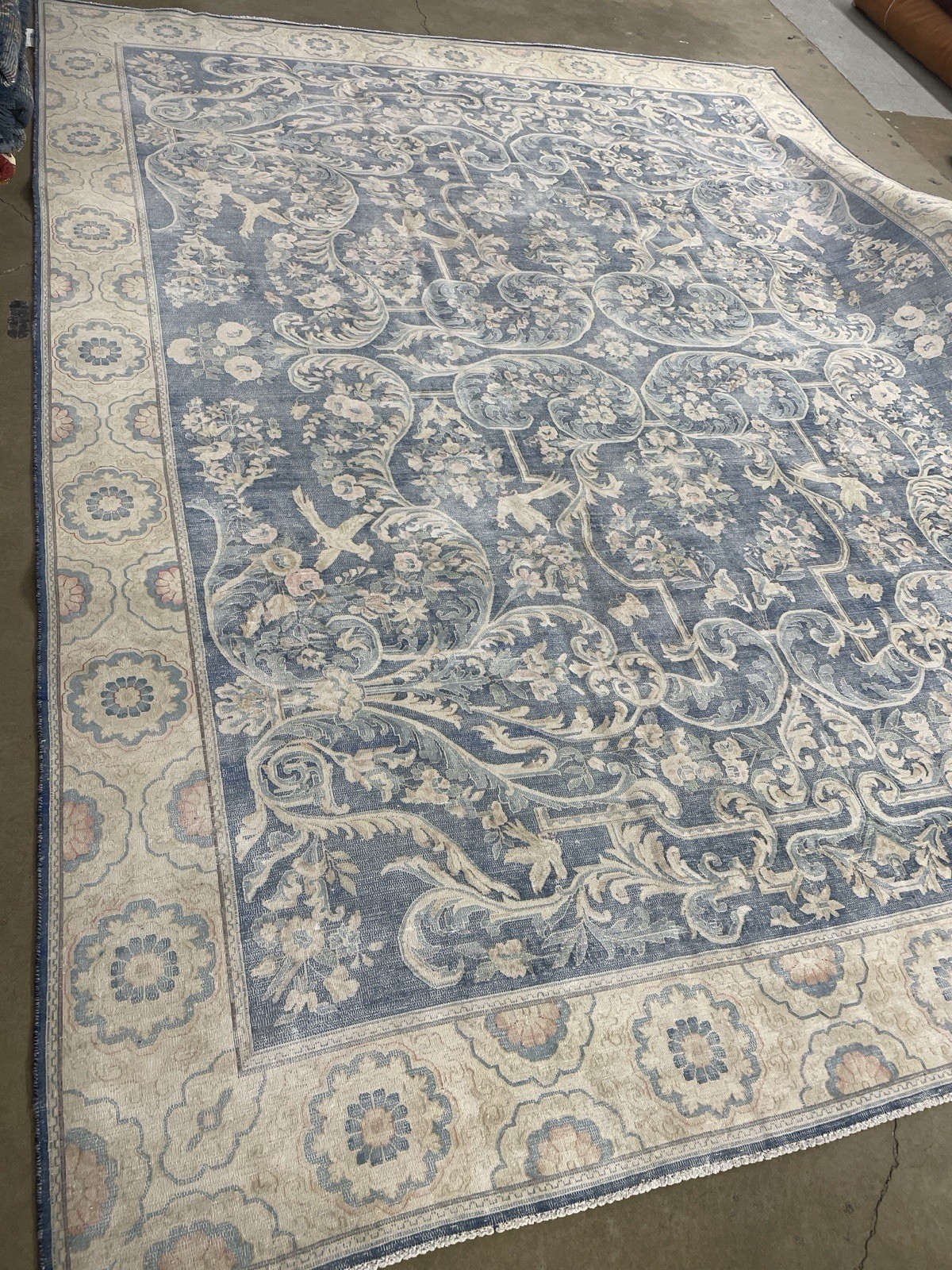 Vintage Original Area Rug Oushak Low Pile Distressed 9 X 13 Antitque Beauty Blue