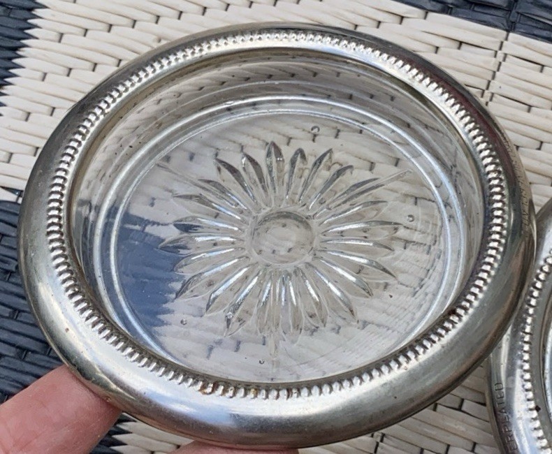 Coaster Silver Plated & Crystal Glass Starburst Coasters 2 Decor Dish Tray Vtg