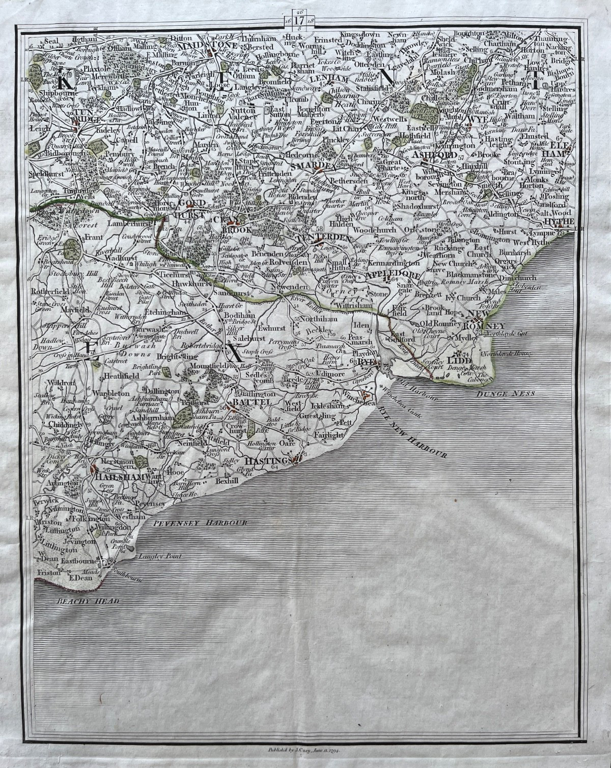 1794 Antique Map; Hailsham, Hastings, Maidstone, Ashford environs John Cary