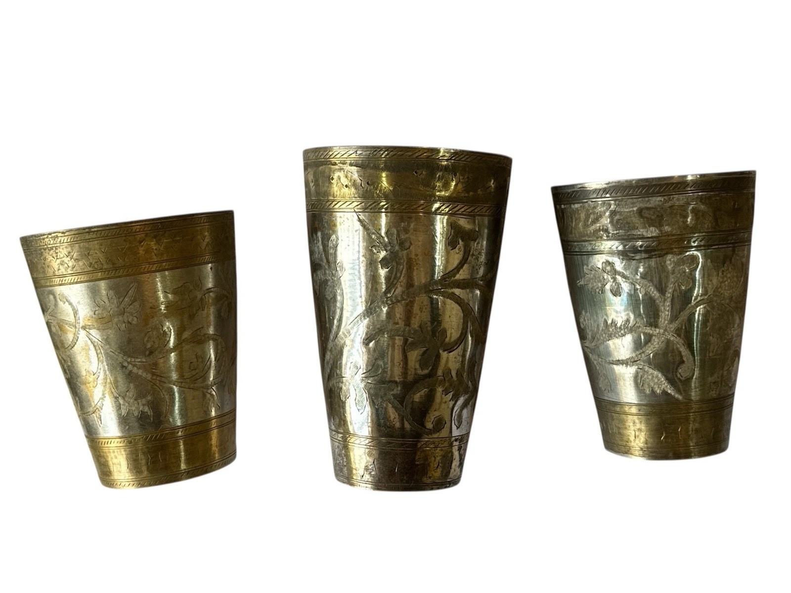 Antique Brass Glass Cup Original Old Hand Crafted Engraved 3 Pcs Lot
