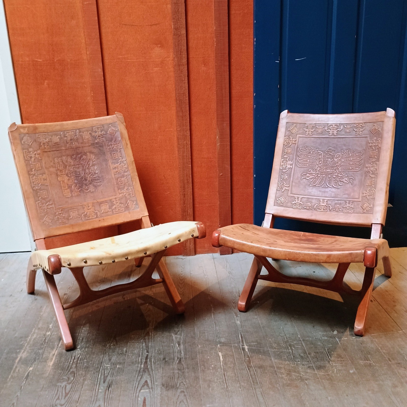 Vintage MCM Tooled Leather Folding Safari Chairs Aztec Mayan Sun God Pair