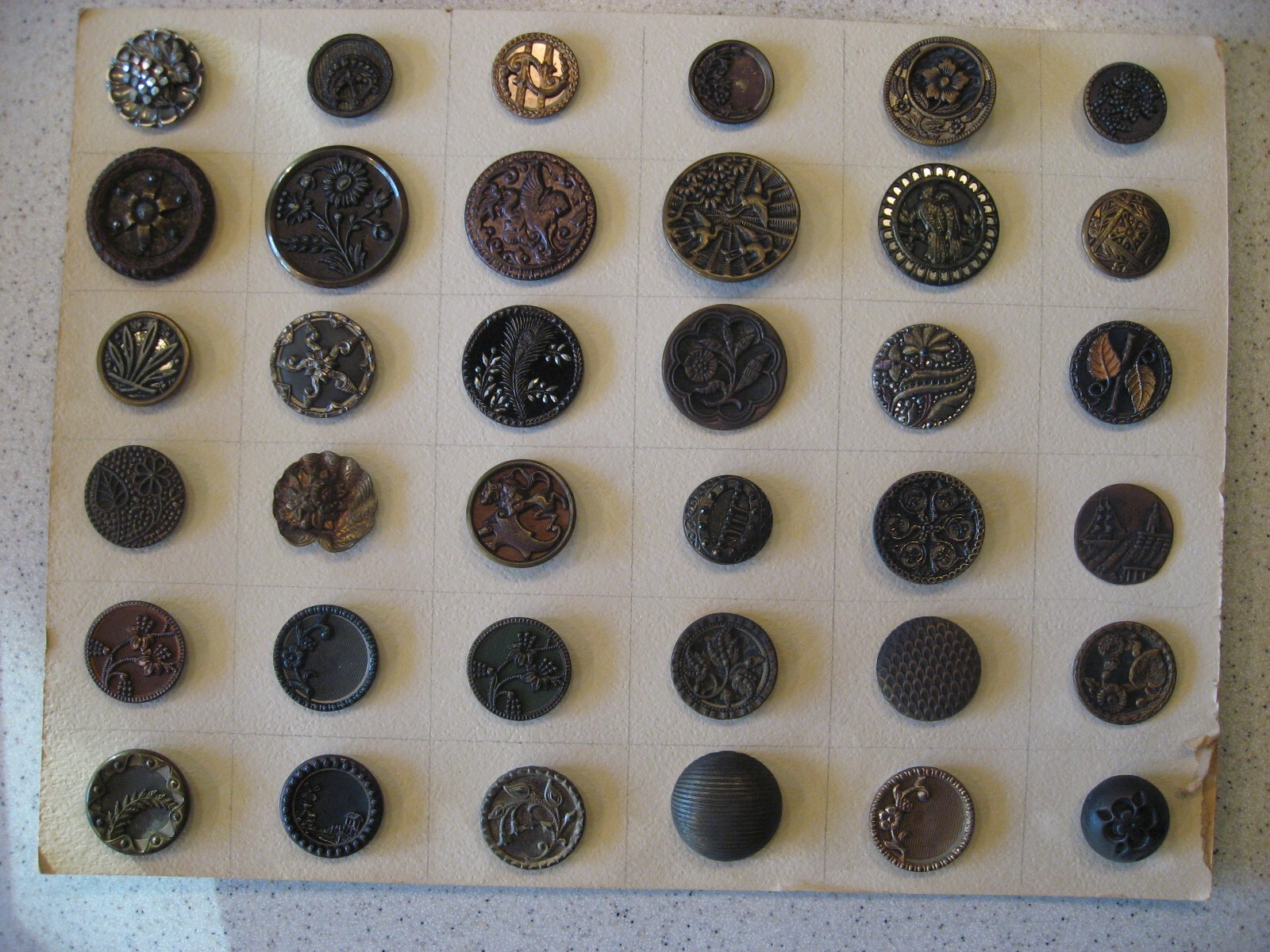 Antique Lot of 36 Different Large Brass Buttons – Flowers, Swans, Winged Animals