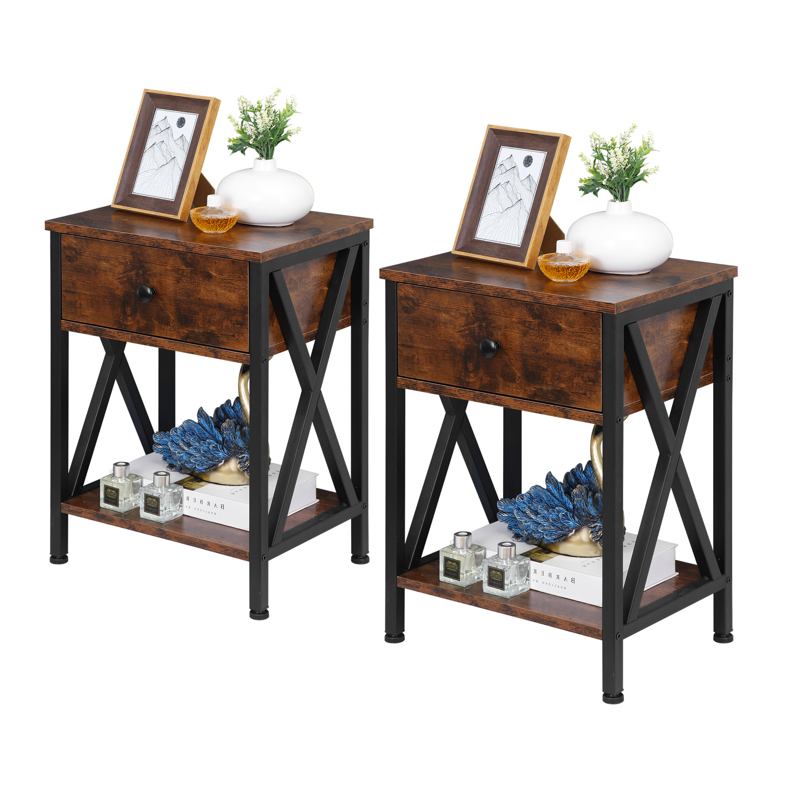 Set of 2 End Tables X-Design Metal Frame Sofa Side Tables for Bedroom Home Brown