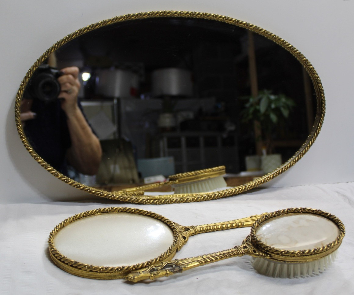 Vintage Vanity Collection ~ Brush Vanity Tray Hand Mirror ~ Brass Filigree
