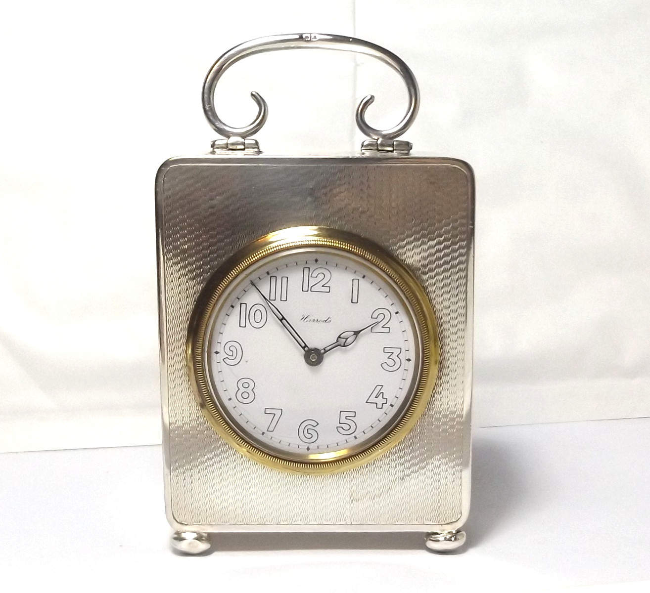 ANTIQUE HARROD’S STERLING SILVER CLOCK, BEDSIDE/ DESK CLOCK BIRMINGHAM 1925